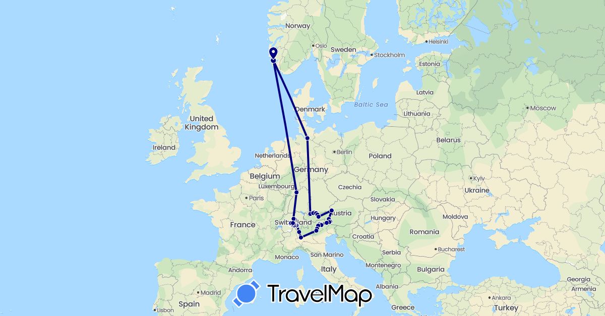 TravelMap itinerary: driving in Austria, Switzerland, Germany, Italy, Norway (Europe)